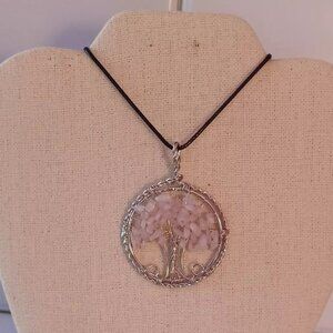 Galilea Rose Quartz Pendant in Silvertone with Leather Necklace (24 Inches)